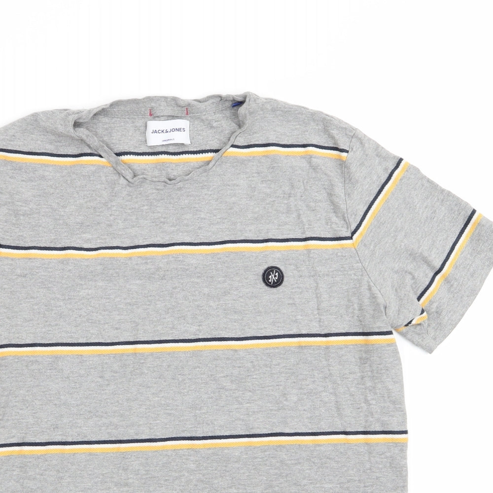 JACK & JONES Mens Grey Striped   T-Shirt Size S  - Black Yellow White Stripes