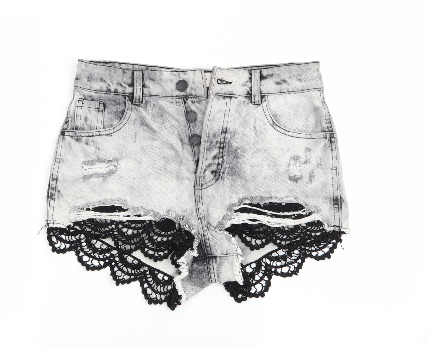 Denim Co Womens Black   Hot Pants Shorts Size 10 - Lace Trim Shorts - Distressed Denim