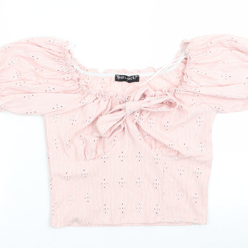 Select Womens Pink Floral  Basic Blouse Size M  - Elasticated shoulders Cut Out Floral Pattern Tie Front Details
