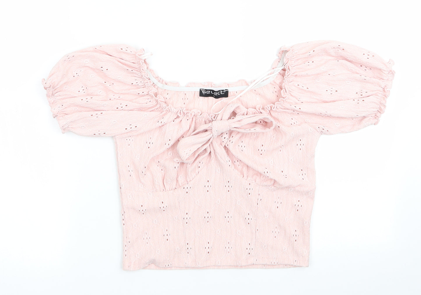 Select Womens Pink Floral  Basic Blouse Size M  - Elasticated shoulders Cut Out Floral Pattern Tie Front Details