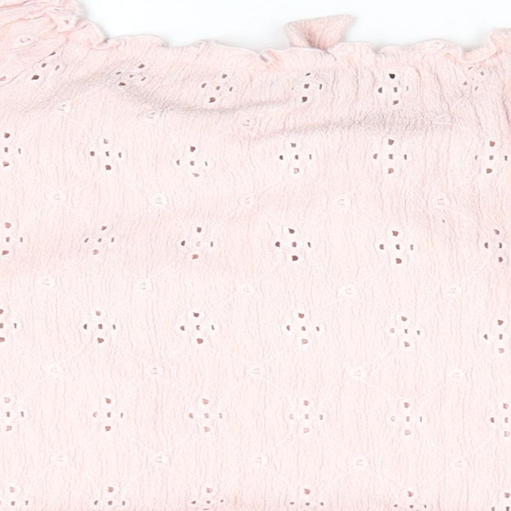Select Womens Pink Floral  Basic Blouse Size M  - Elasticated shoulders Cut Out Floral Pattern Tie Front Details