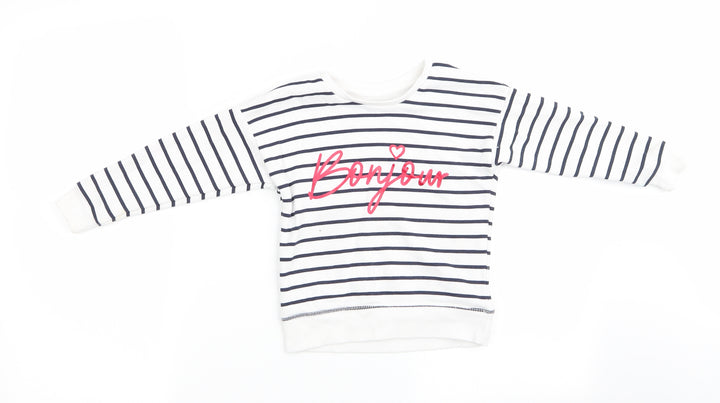 Primark Girls Blue Striped Pullover Sweatshirt Size 3-4 Years - Blue & White Stripe and Bonjour in red