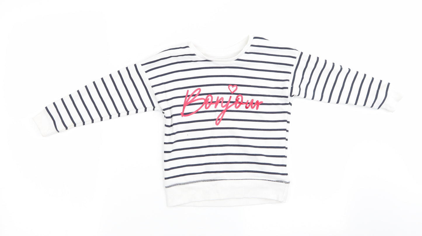 Primark Girls Blue Striped  Pullover Sweatshirt Size 3-4 Years  - Blue & White Stripe and Bonjour in red