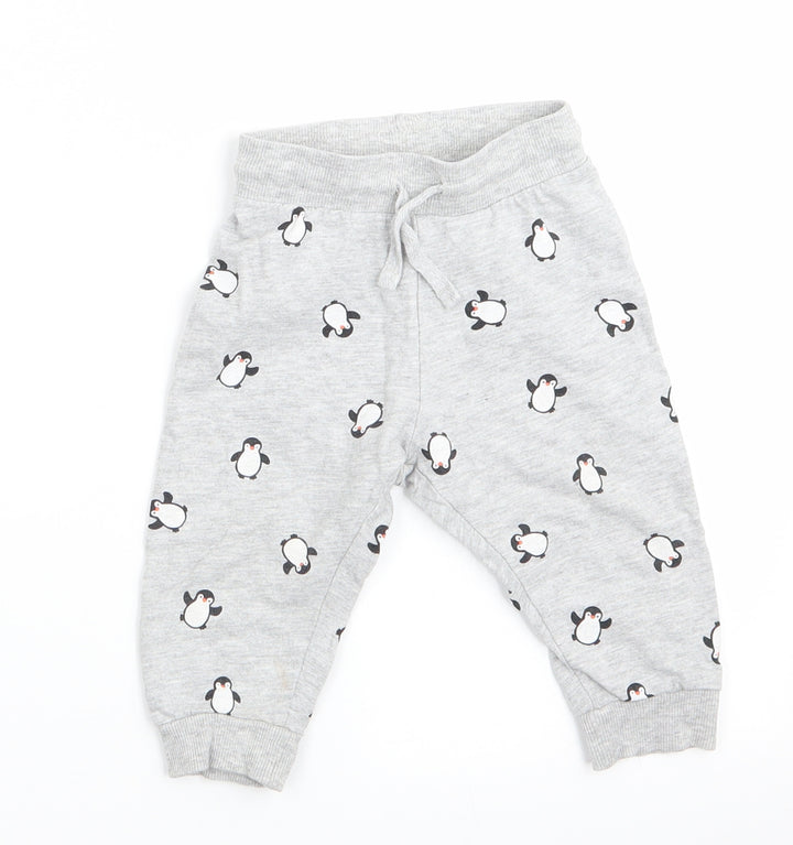 H&M Boys Grey Animal Print  Jogger Trousers Size 9-12 Months  - Penguin Print