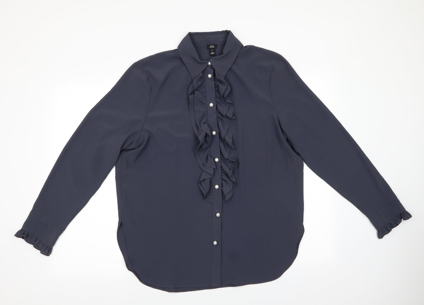 River Island Womens Grey   Basic Button-Up Size 14  - Frilled front & cuffs and pearlised buttons