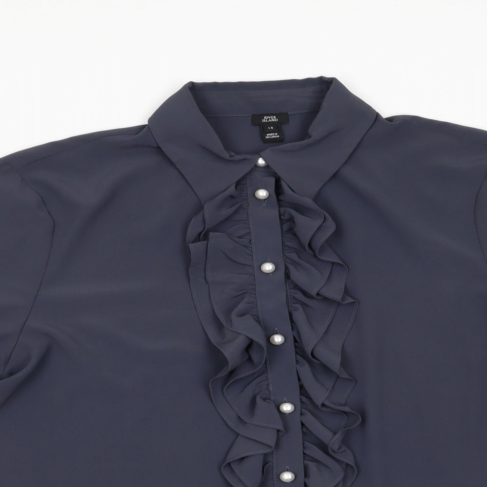 River Island Womens Grey   Basic Button-Up Size 14  - Frilled front & cuffs and pearlised buttons