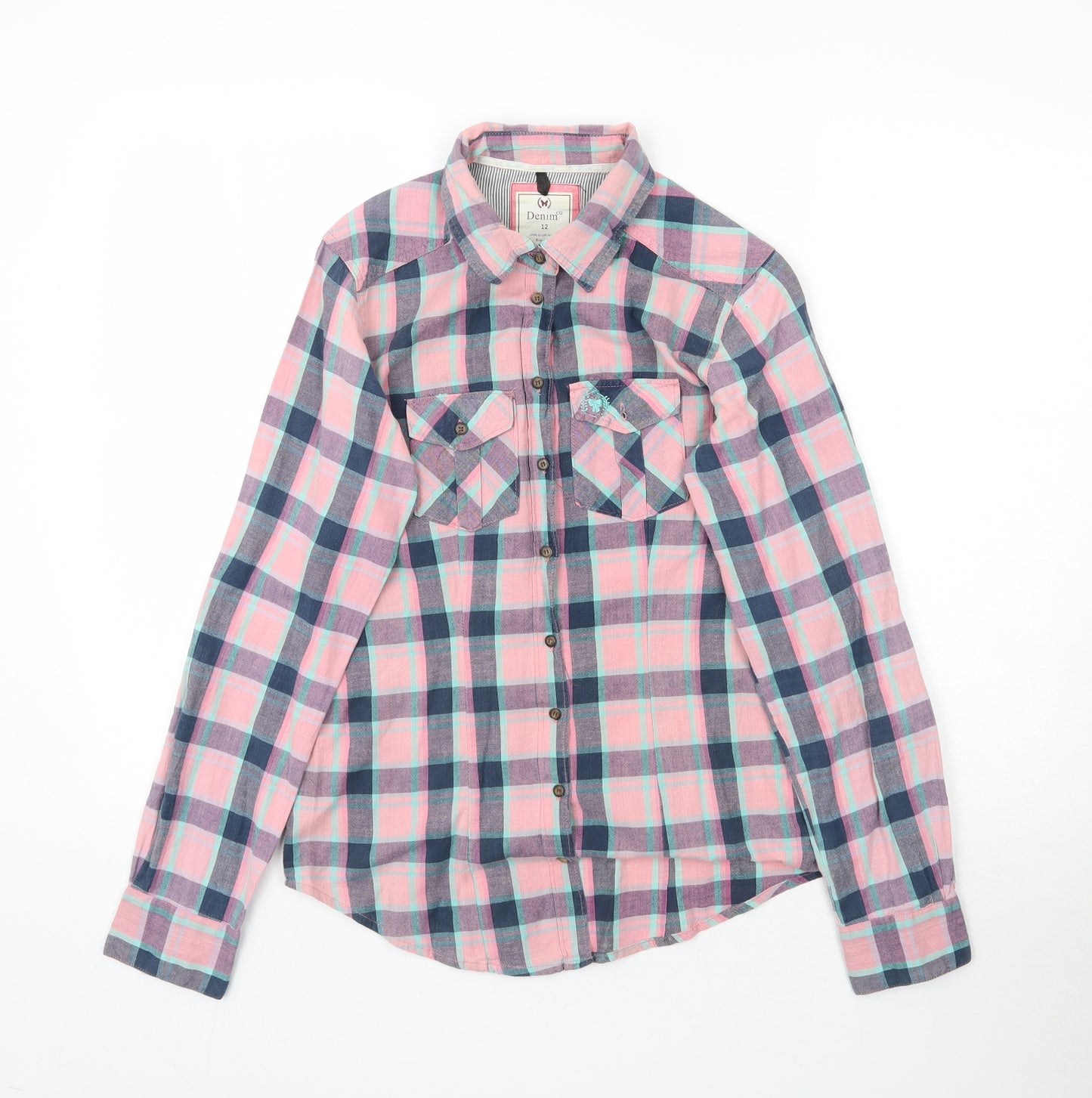 Denim Co. Womens Multicoloured Plaid  Basic Button-Up Size 12