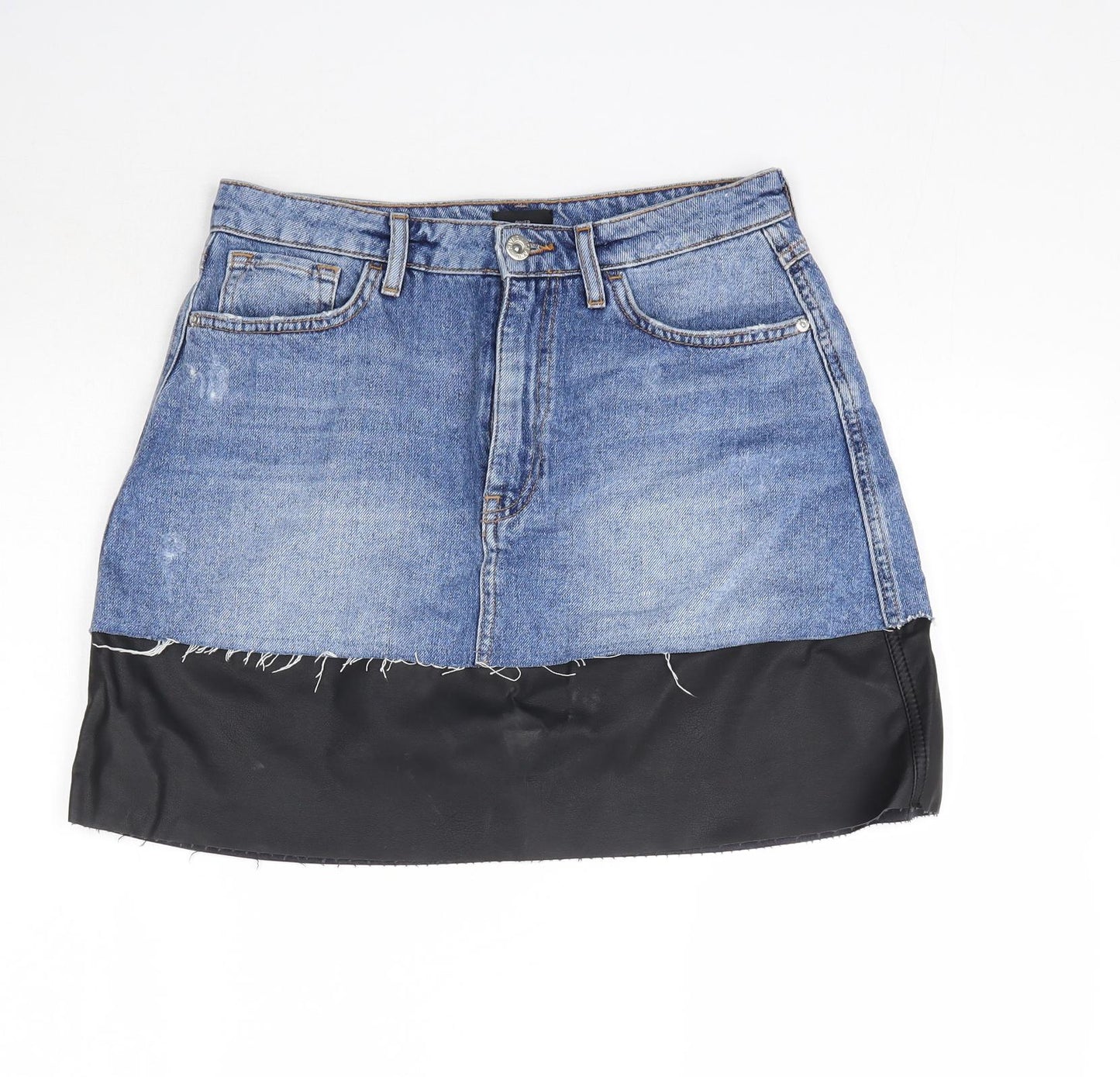 River Island Womens Blue  Denim Mini Skirt Size 12  - Faux Leather detail