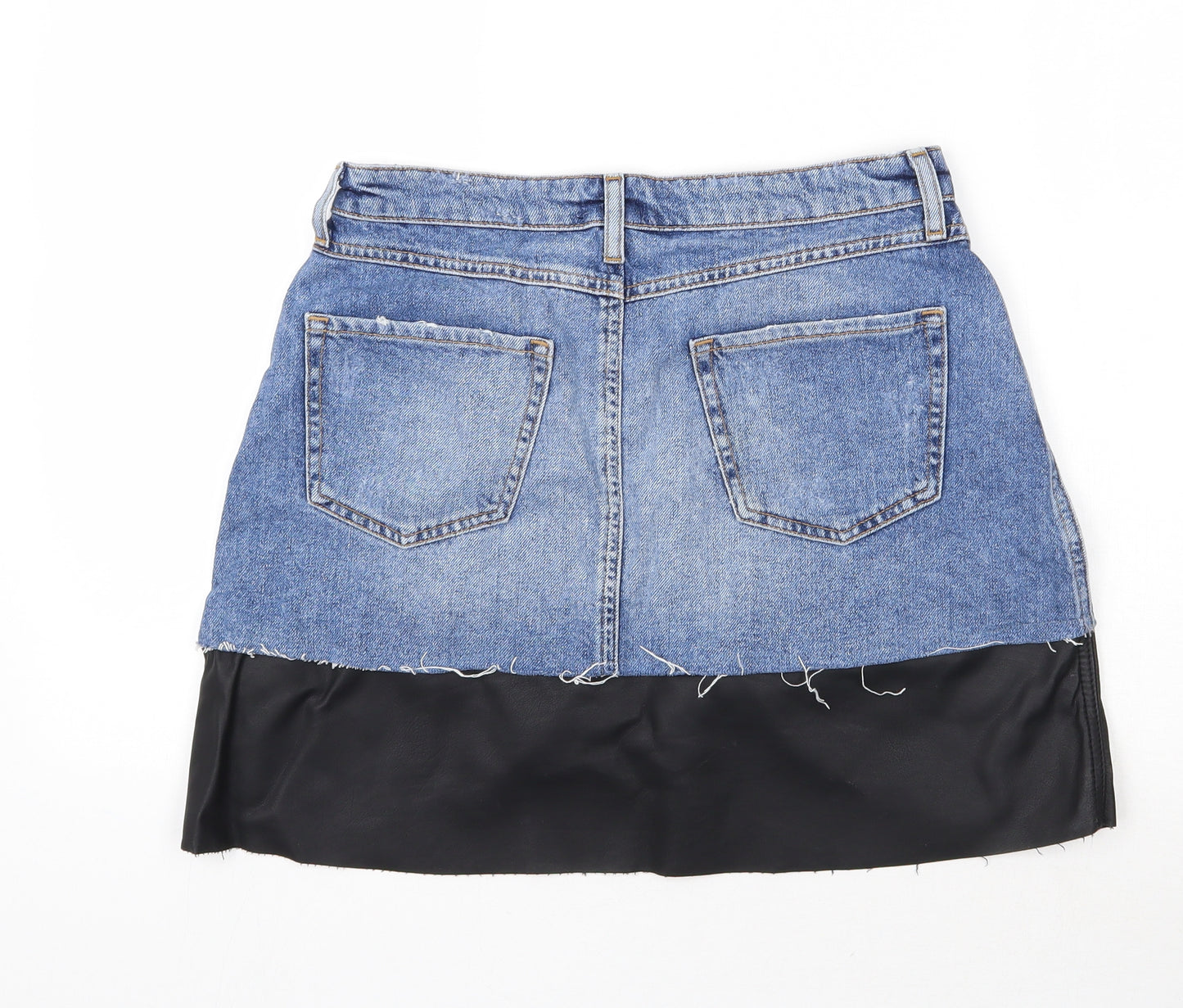 River Island Womens Blue  Denim Mini Skirt Size 12  - Faux Leather detail