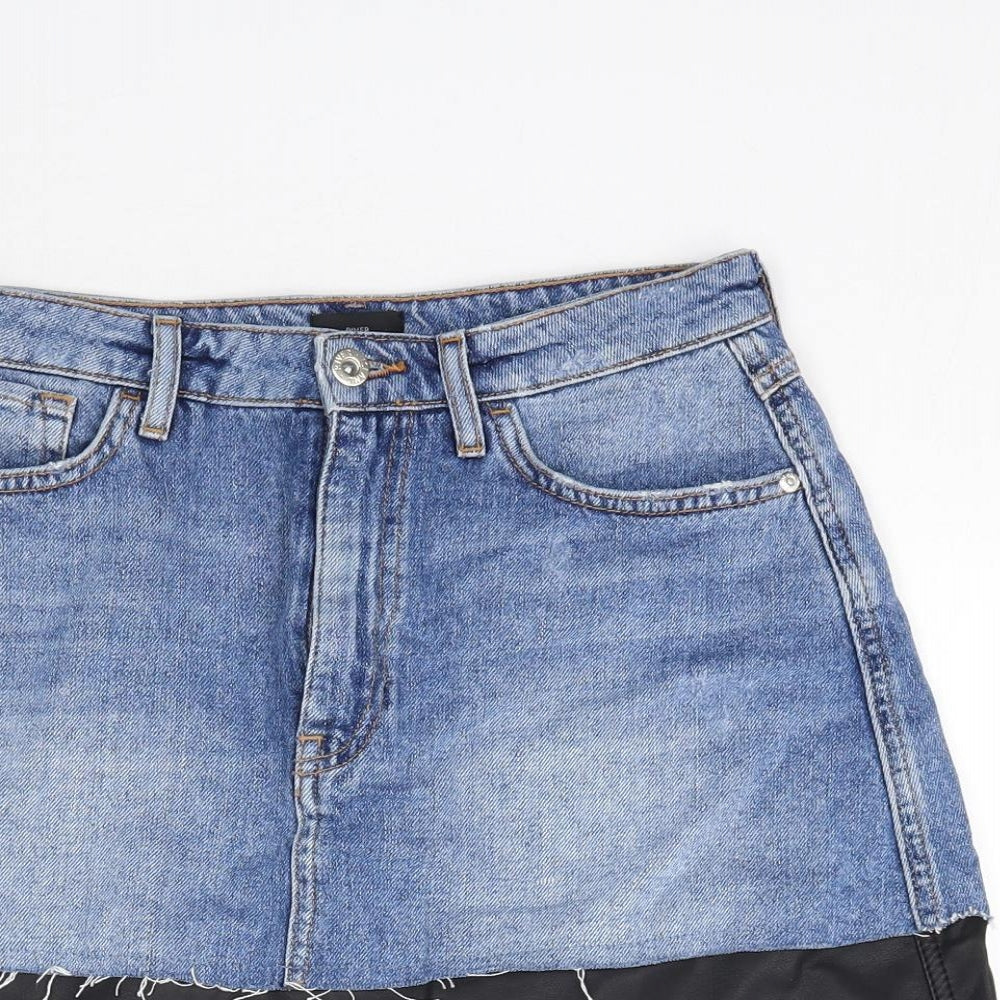 River Island Womens Blue  Denim Mini Skirt Size 12  - Faux Leather detail