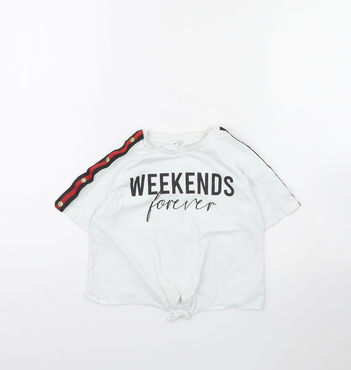 Candy Couture Girls White Cropped T-Shirt Size 9 Years - Weekends forever