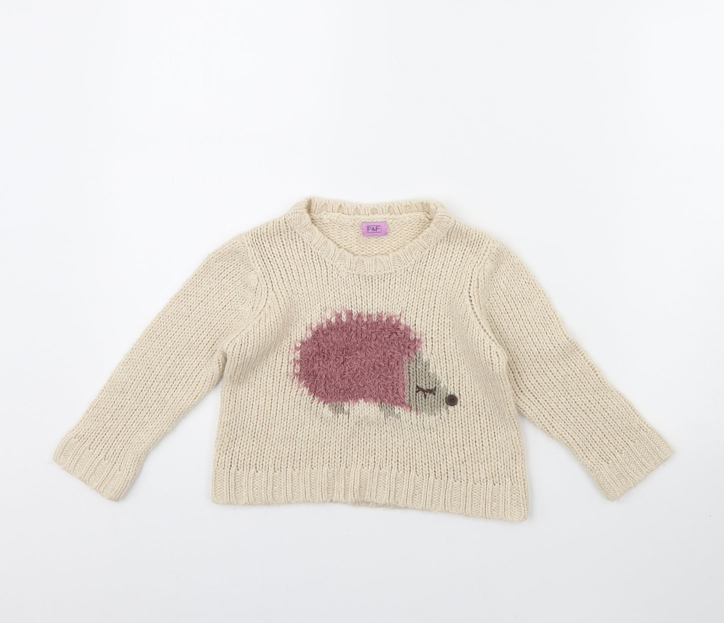 F&F Girls Beige   Pullover Jumper Size 2 Years  - Hedgehog