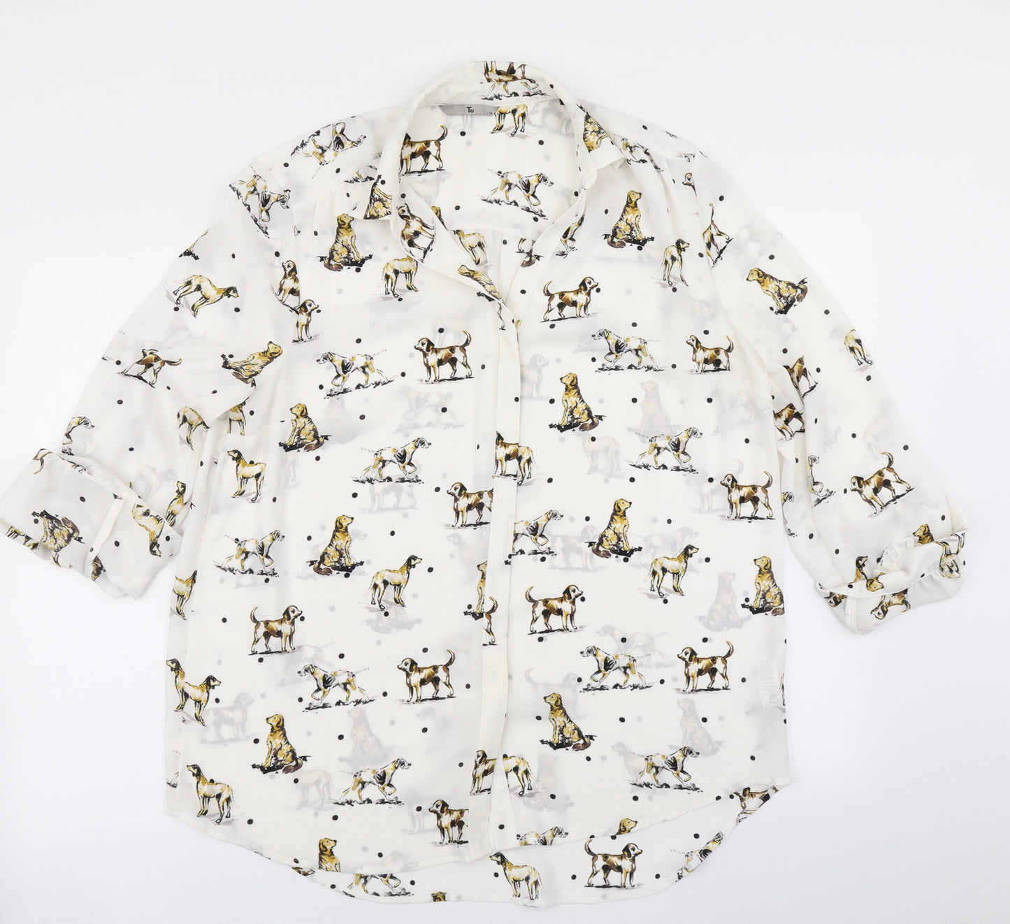 TU Womens White Polka Dot  Basic Blouse Size 16  - Dog Print