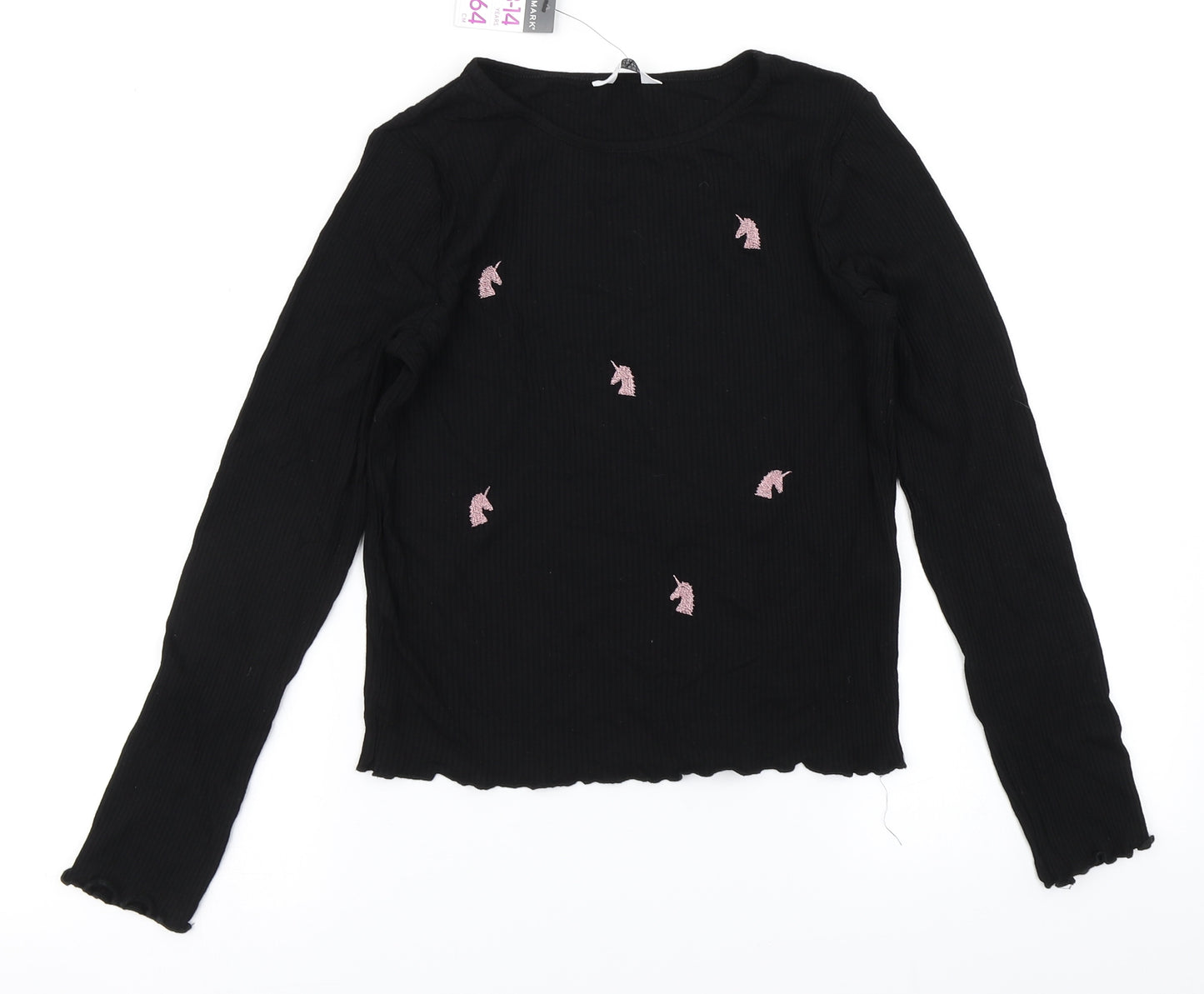 Primark Girls Black Spotted  Basic T-Shirt Size 13-14 Years  - Unicorn Print Lettuce edging