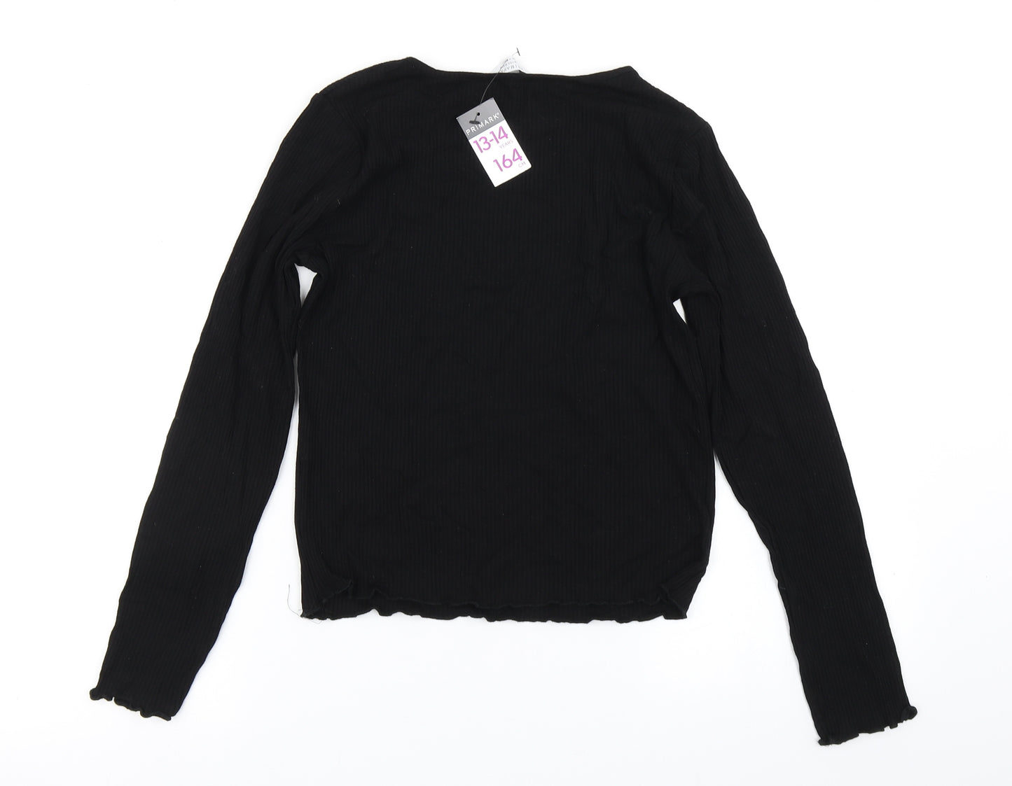 Primark Girls Black Spotted  Basic T-Shirt Size 13-14 Years  - Unicorn Print Lettuce edging