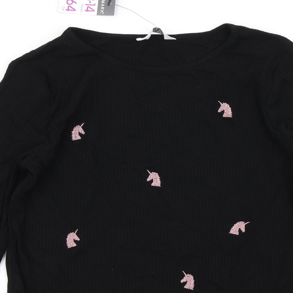 Primark Girls Black Spotted  Basic T-Shirt Size 13-14 Years  - Unicorn Print Lettuce edging