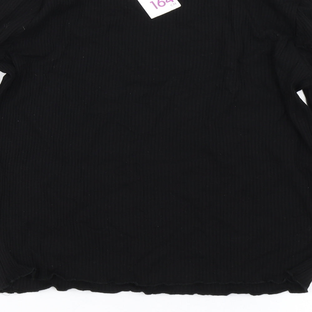 Primark Girls Black Spotted  Basic T-Shirt Size 13-14 Years  - Unicorn Print Lettuce edging