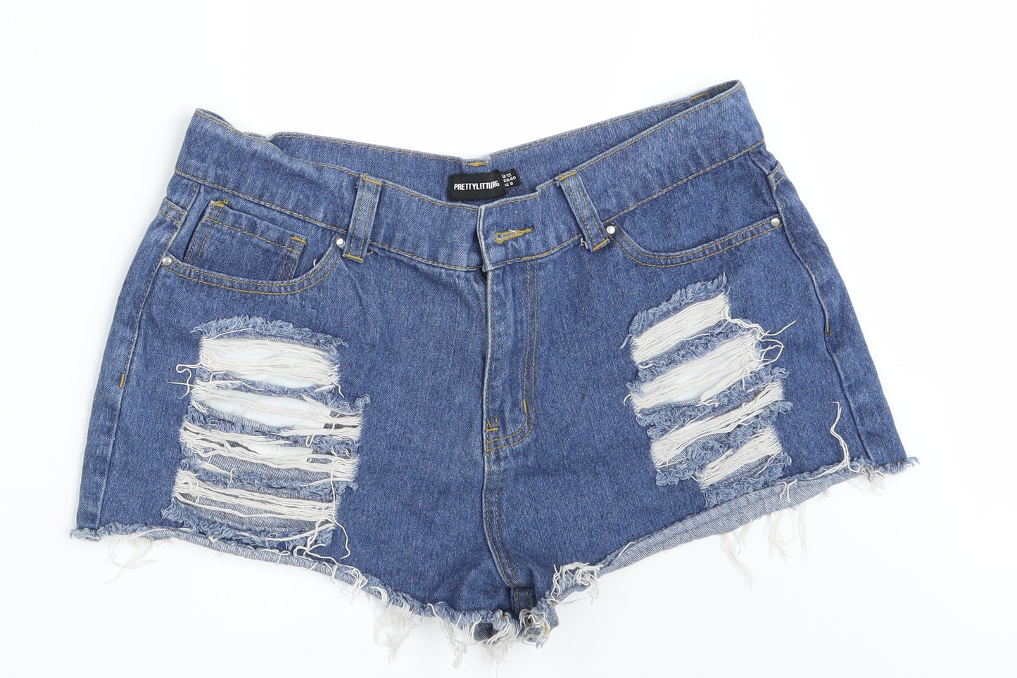 PRETTYLITTLETHING Womens Blue  Denim Hot Pants Shorts Size 12 - Distressed