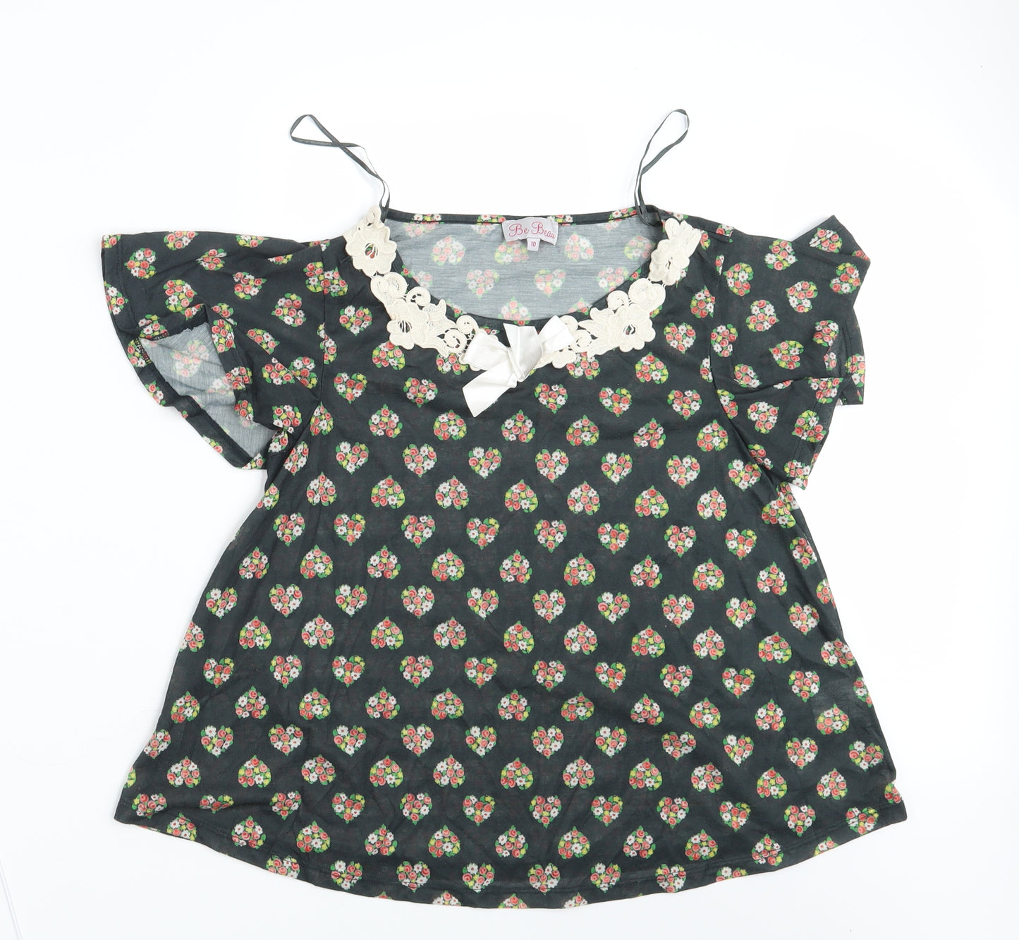 Be Beau Womens Green Floral  Basic T-Shirt Size 10