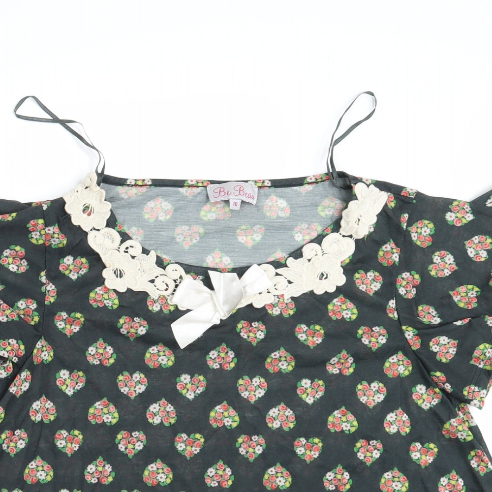 Be Beau Womens Green Floral  Basic T-Shirt Size 10