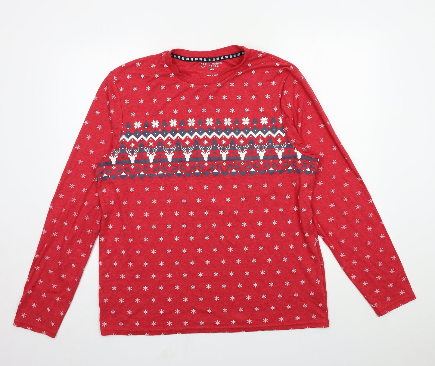 Primark Mens Red Geometric Jersey  Pyjama Top Size L  - Snowflake
