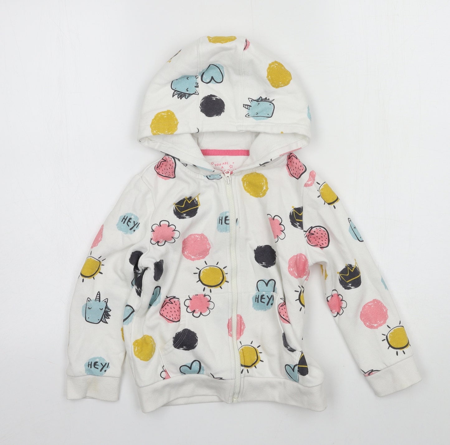 F&F Girls White Geometric Jersey Pullover Hoodie Size 5-6 Years  - Sun