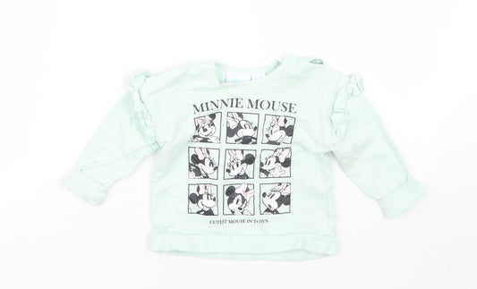 Front view of Disney girls’ green basic t-shirt, size 3-6, months - minnie mouse