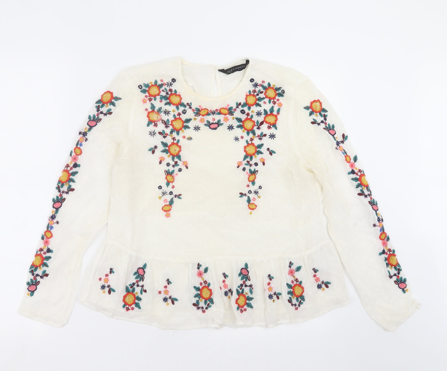 Zara Womens White   Basic Blouse Size S  - Floral embroidery