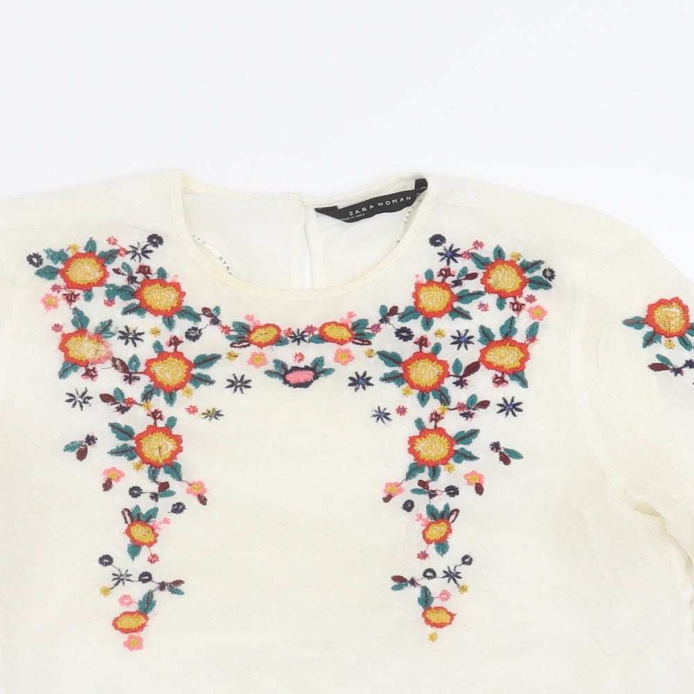 Zara Womens White   Basic Blouse Size S  - Floral embroidery