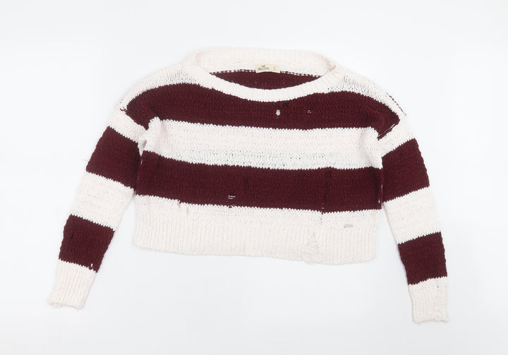 Hollister Womens White Striped Knit Pullover Jumper Size S - distressed, cropped