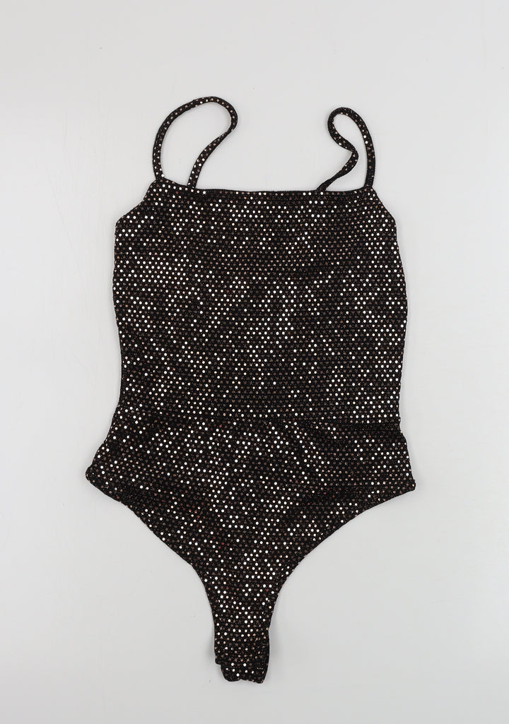 PRETTYLITTLETHING Womens Black Ikat Bodysuit One-Piece Size 6 - sequin detail