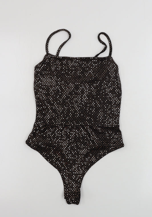Front view of PRETTYLITTLETHING women’s black ikat bodysuit one-piece, size UK 6, - sequin detail