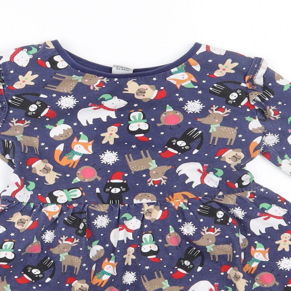 Sainsburys Girls Blue Polka Dot  A-Line  Size 2-3 Years  - Christmas