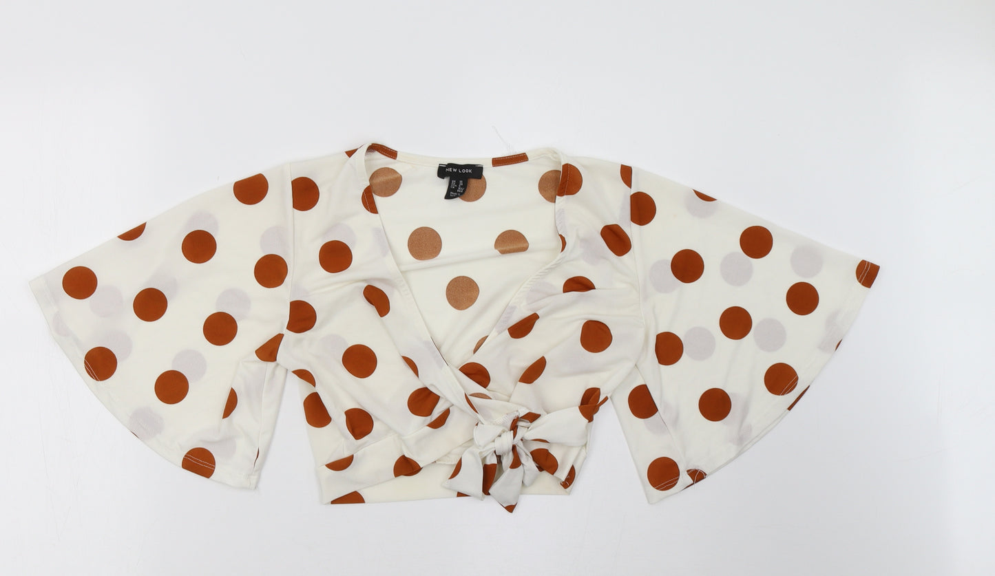 New Look Womens White Polka Dot  Cropped Blouse Size 10