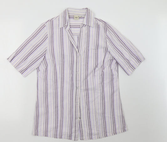Front view of Cotton Traders women’s purple striped basic button-up, size UK 12