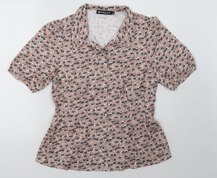 Allegra K Womens Red Floral Basic Button-Up Size M