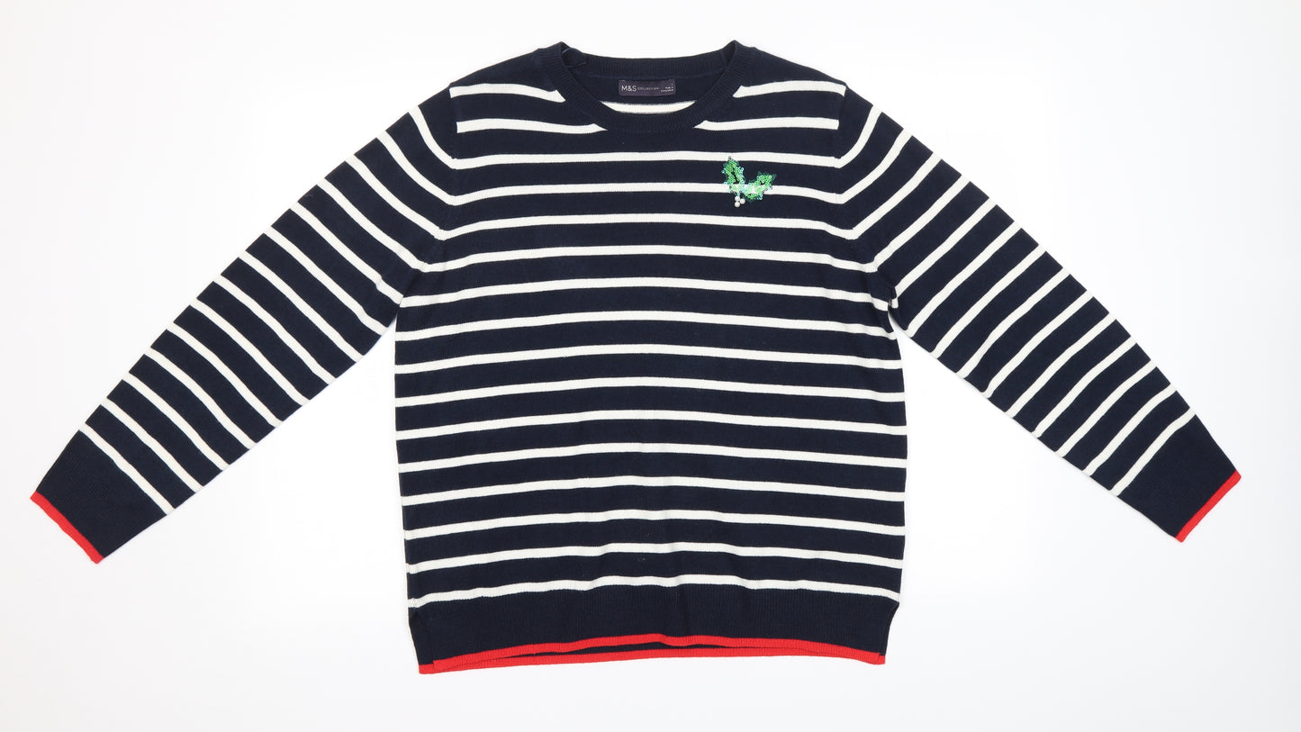 M&S Womens Blue Striped  Pullover Jumper Size L  - Christmas