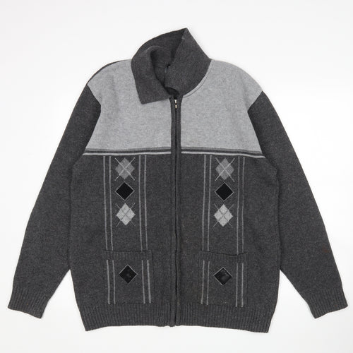 Maan Mens Grey Argyle/Diamond  Full Zip Jumper Size XL