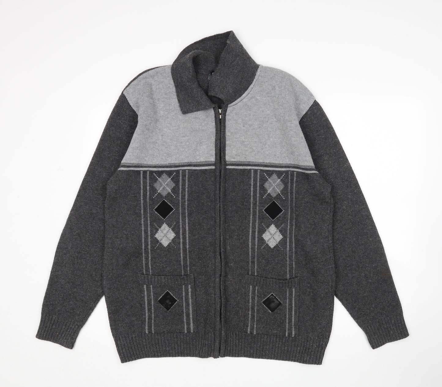 Maan Mens Grey Argyle/Diamond  Full Zip Jumper Size XL
