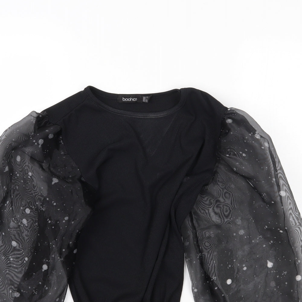 Boohoo Womens Black   Bodysuit One-Piece Size 12  - Puff Sleeve
