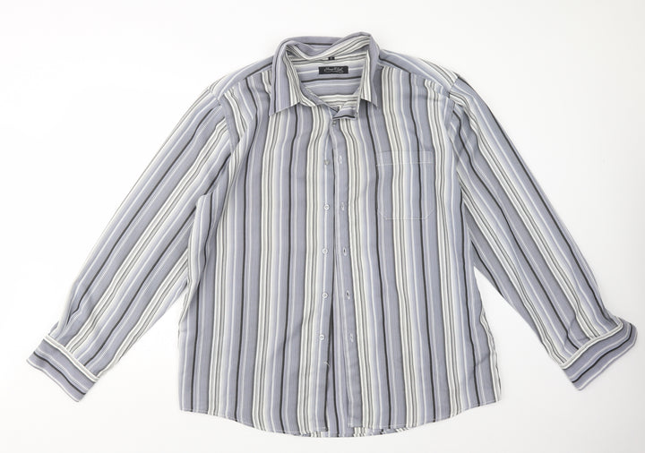 Simon Clark Mens Grey Striped Button-Up Size XL
