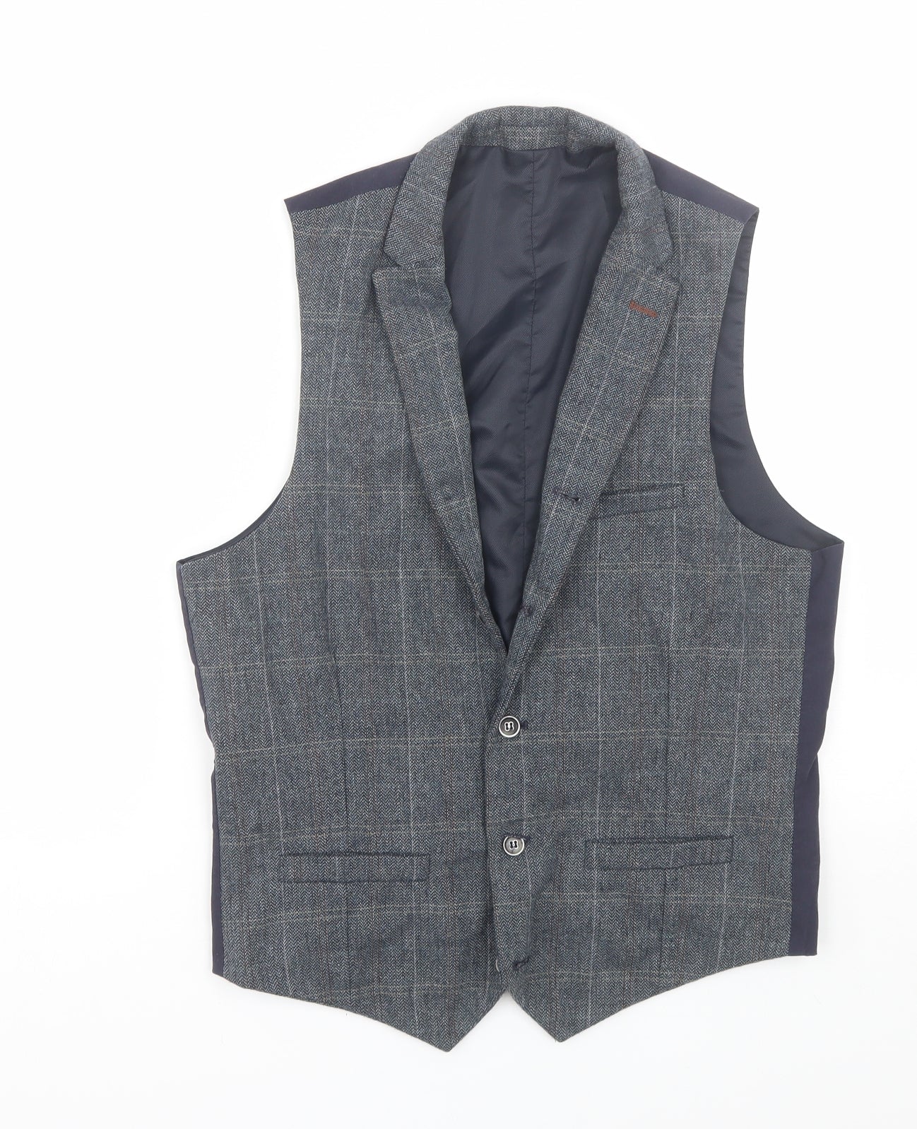 River Island Mens Blue Plaid Tweed Jacket Suit Waistcoat Size S