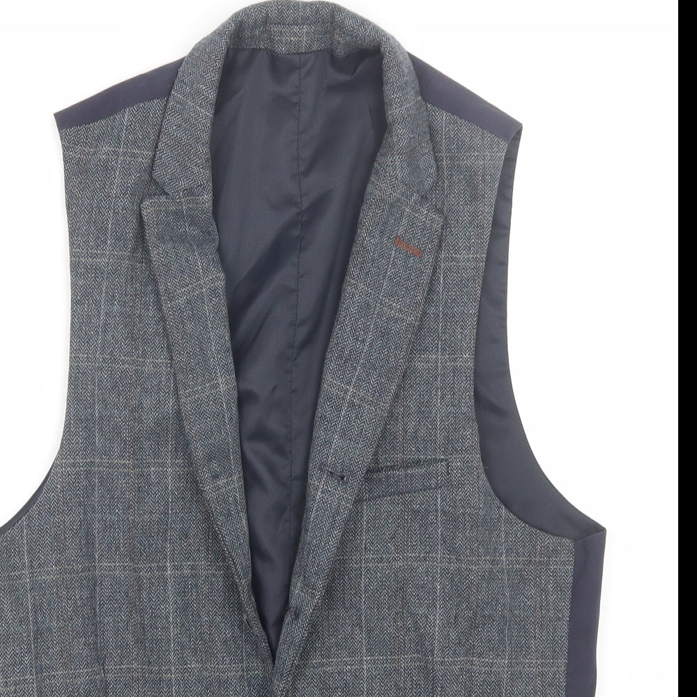 River Island Mens Blue Plaid Tweed Jacket Suit Waistcoat Size S