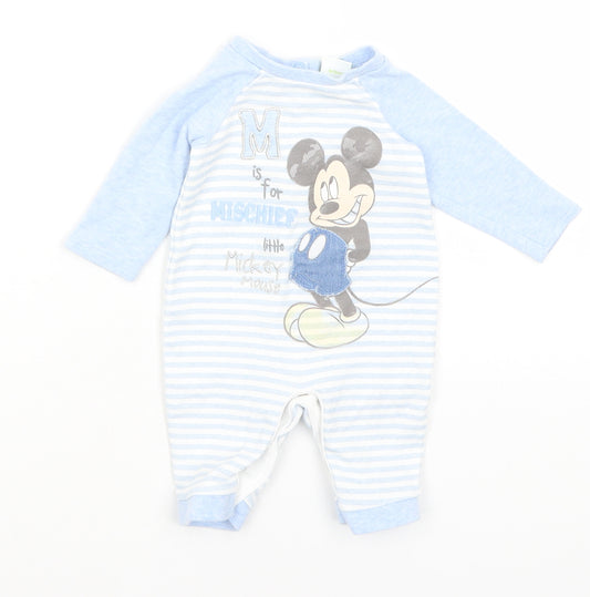 Front view of Disney Baby Baby Blue Striped Babygrow One-Piece Size Newborn - Mickey Mouse