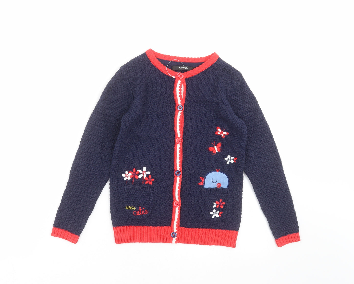 George Girls Blue  Knit Cardigan Jumper Size 5-6 Years  - Floral embroidery
