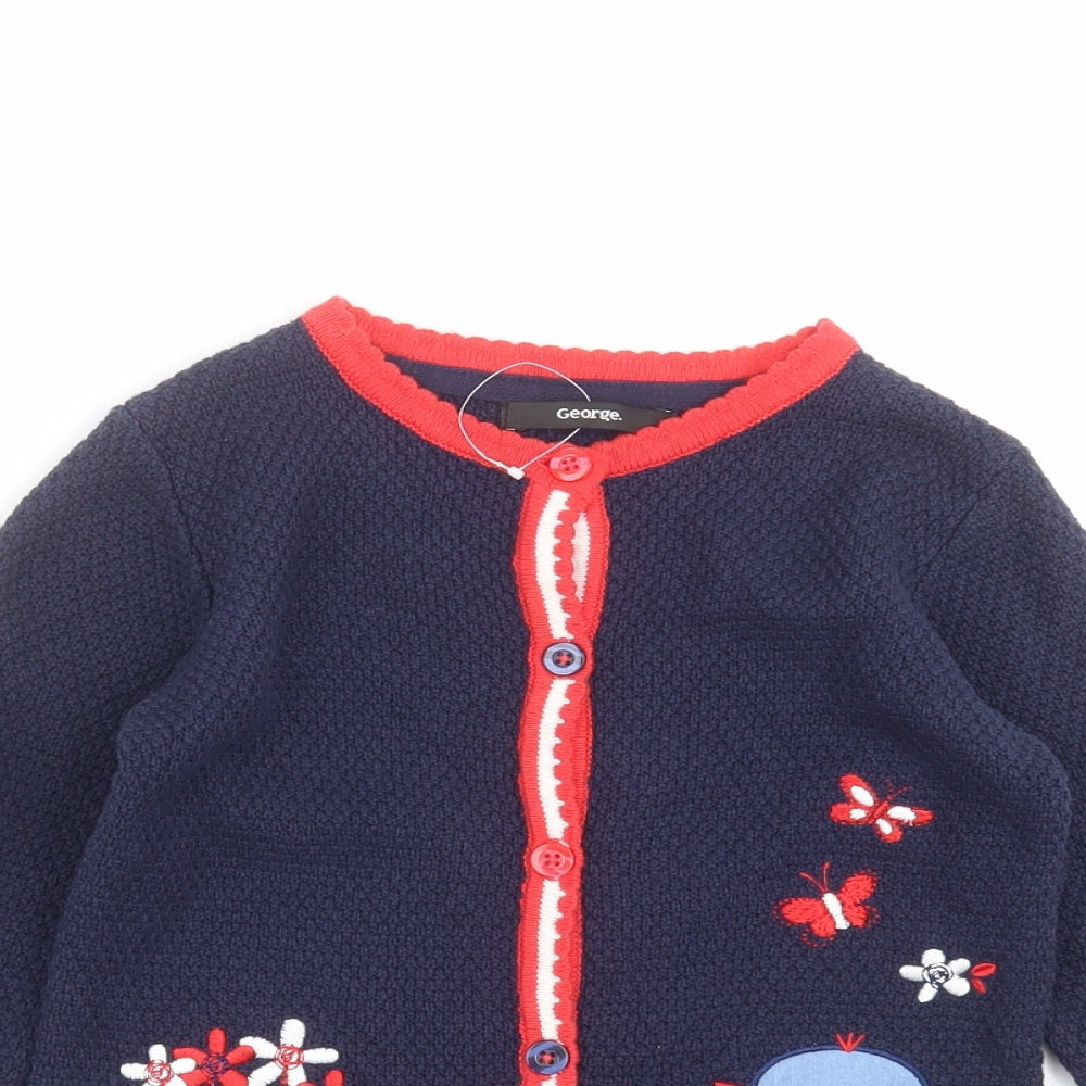 George Girls Blue  Knit Cardigan Jumper Size 5-6 Years  - Floral embroidery