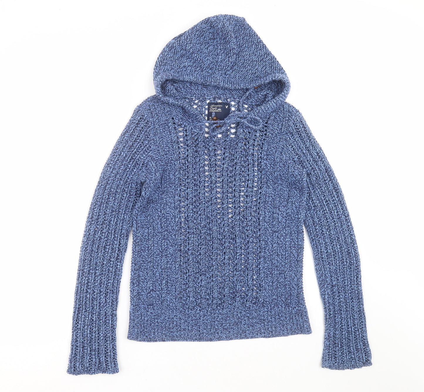American Eagle Outfitters Womens Blue  Knit Pullover Hoodie Size M  - open knit