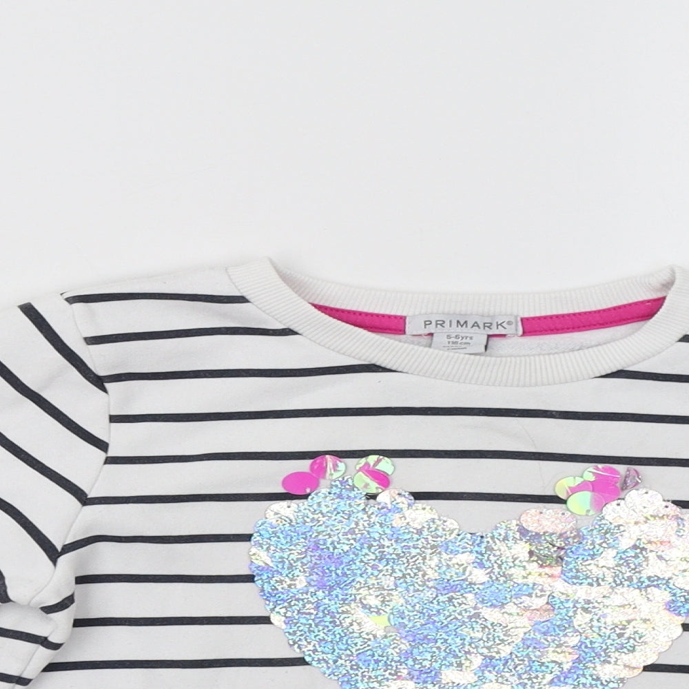 Primark Girls White Striped  Pullover Sweatshirt Size 5-6 Years  - Heart