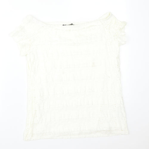 Preworn Womens White Floral  Basic T-Shirt Size 14