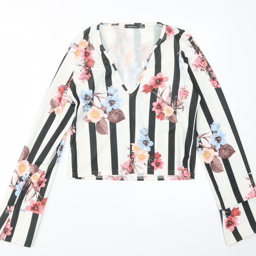 Boohoo Womens Black Geometric  Basic Blouse Size 10